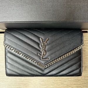 Saint Laurent Black Leather Monogram Chain Wallet